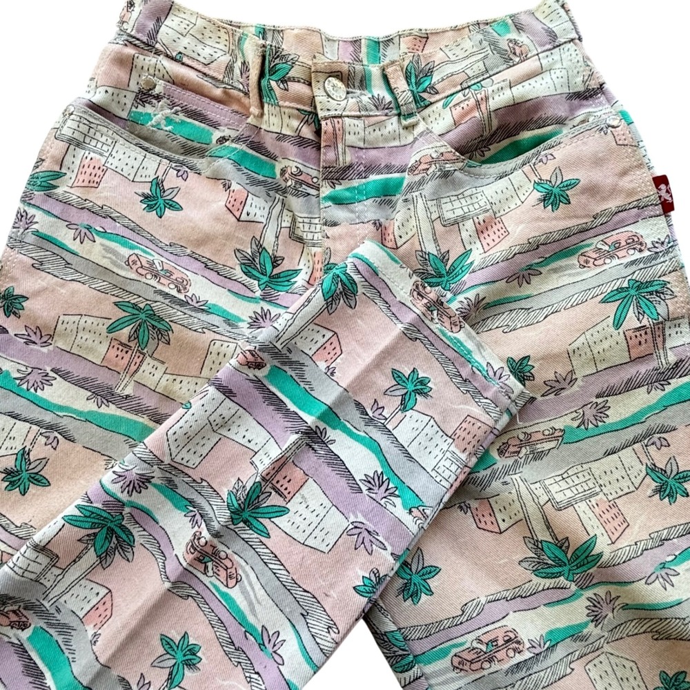 Braxton Jeans Women 11 Pink Tropical Palm Tree Print Beach Retro Stretch‎